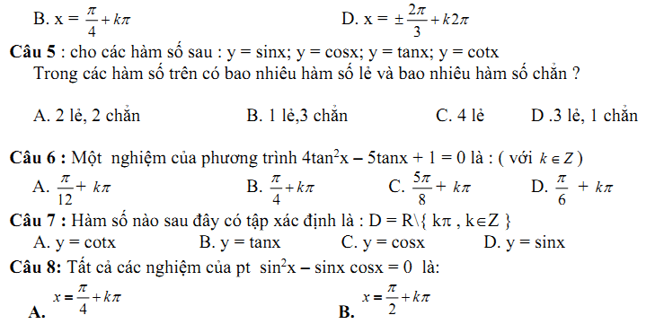 Đề kiểm tra 1 tiết Toán 11 Chương 1 Đại số - Đề 2 - Toploigiai