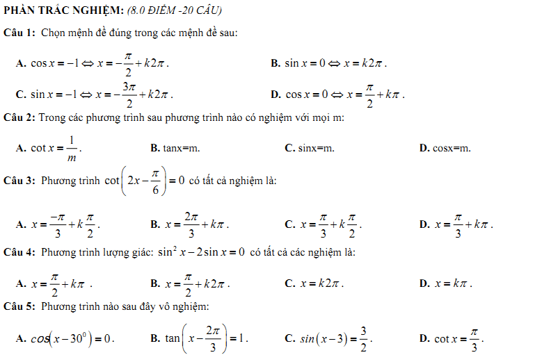 Đề kiểm tra 1 tiết Toán 11 Chương 1 Đại số - Đề 3 - Toploigiai