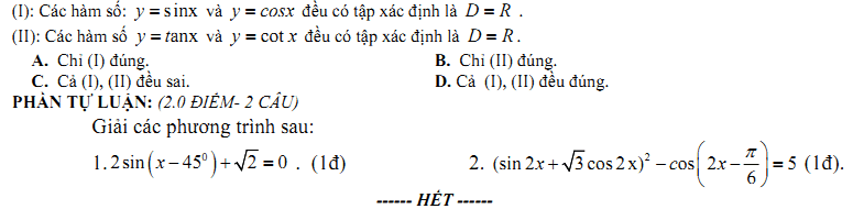 Đề kiểm tra 1 tiết Toán 11 Chương 1 Đại số - Đề 3 - Toploigiai