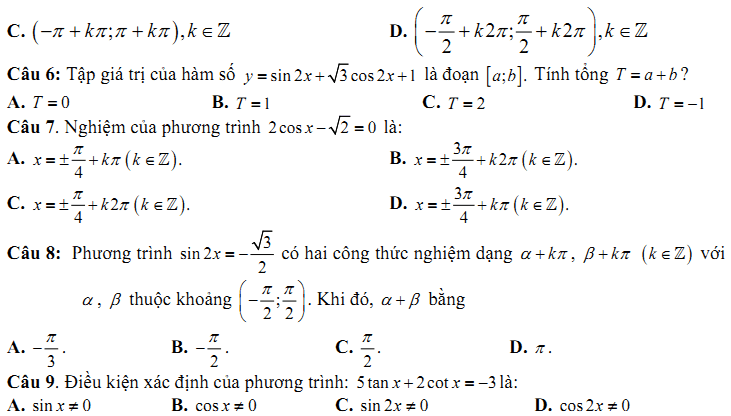 Đề kiểm tra 1 tiết Toán 11 Chương 1 Đại số - Đề 5 - Toploigiai