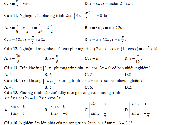 Đề kiểm tra 1 tiết Toán 11 Chương 1 Đại số - Đề 5 - Toploigiai