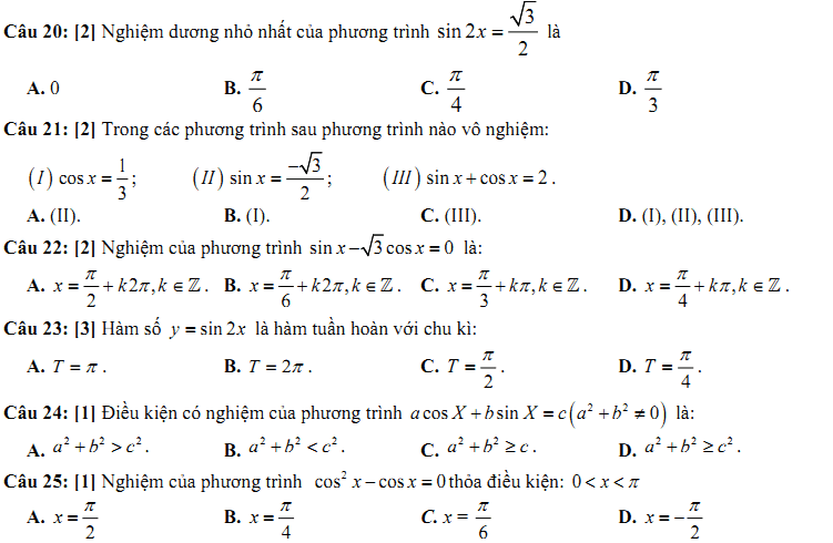 Đề kiểm tra 1 tiết Toán 11 Chương 1 Đại số - Đề 7 - Toploigiai