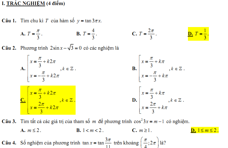 Đề kiểm tra 1 tiết Toán 11 Chương 1 Đại số - Đề 8 - Toploigiai