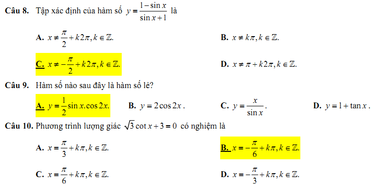 Đề kiểm tra 1 tiết Toán 11 Chương 1 Đại số - Đề 8 - Toploigiai