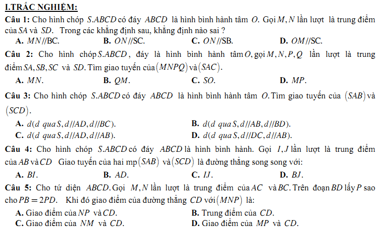 Đề kiểm tra 15 phút lớp 11 chương 2 Hình Học