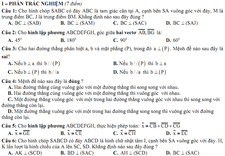 Đề kiểm tra 1 tiết Toán 11 Chương 3 Hình học - Đề 21 I Toploigiai