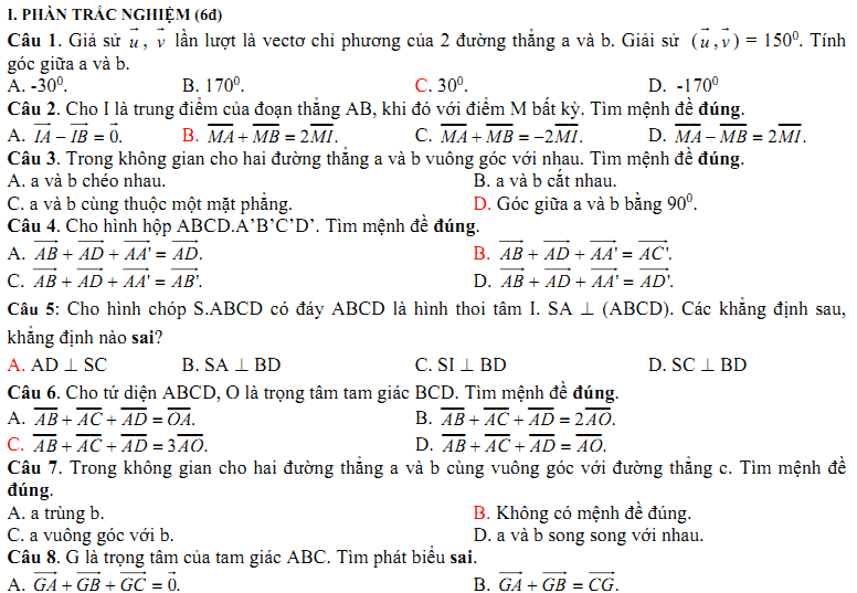 Đề kiểm tra 1 tiết Toán 11 Chương 3 Hình học - Đề 22 I Toploigiai
