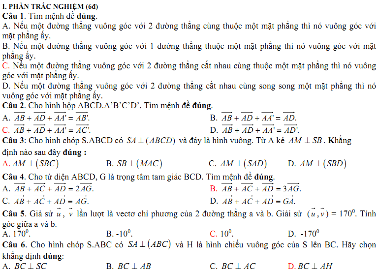 Đề kiểm tra 1 tiết Toán 11 Chương 3 Hình học - Đề 23 I Toploigiai
