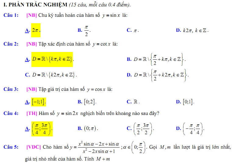 Đề kiểm tra 1 tiết Toán 11 Chương 1 Đại số - Đề 10 - Toploigiai