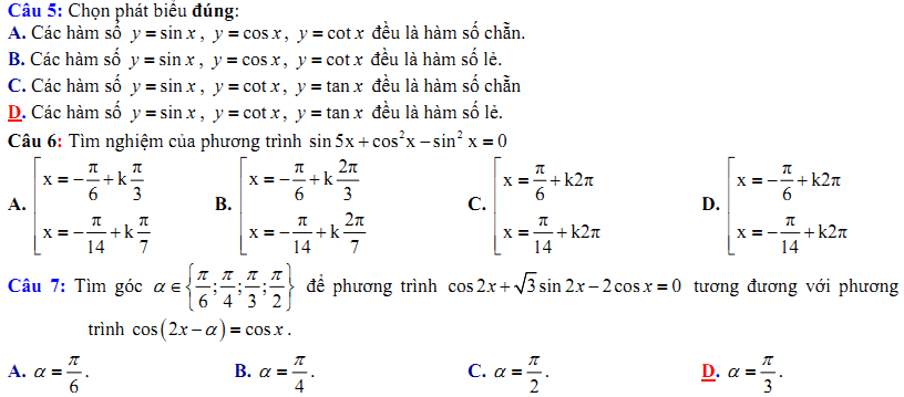 Đề kiểm tra 1 tiết Toán 11 Chương 1 Đại số - Đề 11 - Toploigiai