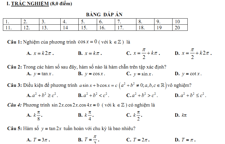 Đề kiểm tra 1 tiết Toán 11 Chương 1 Đại số - Đề 12 - Toploigiai