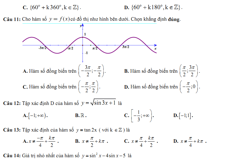 Đề kiểm tra 1 tiết Toán 11 Chương 1 Đại số - Đề 12 - Toploigiai