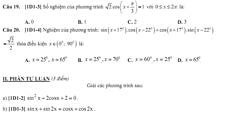Đề kiểm tra 1 tiết Toán 11 Chương 1 Đại số - Đề 13 I Toploigiai