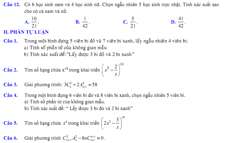 Đề kiểm tra 1 tiết Toán 11 Chương 2 Đại số - Đề 29  I Toploigiai