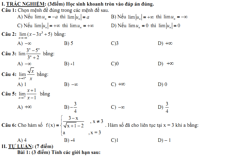 Đề kiểm tra 1 tiết Toán 11 Chương 4 Đại số - Đề 1 I Toploigiai