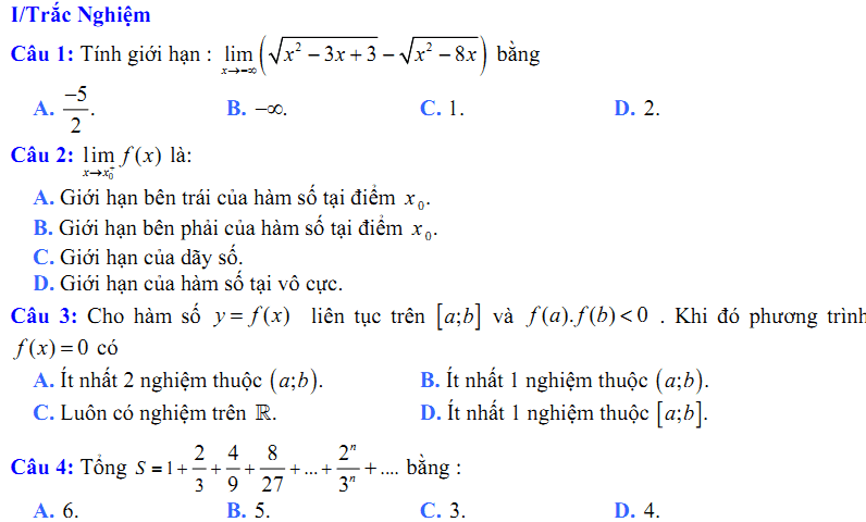 Đề kiểm tra 1 tiết Toán 11 Chương 4 Đại số - Đề 11 I Toploigiai