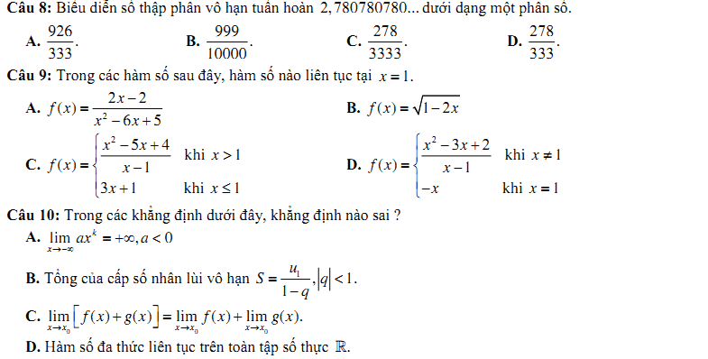 Đề kiểm tra 1 tiết Toán 11 Chương 4 Đại số - Đề 12 I Toploigiai