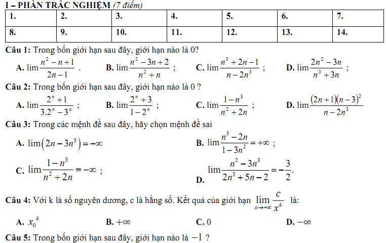 Đề kiểm tra 1 tiết Toán 11 Chương 4 Đại số - Đề 7 I Toploigiai