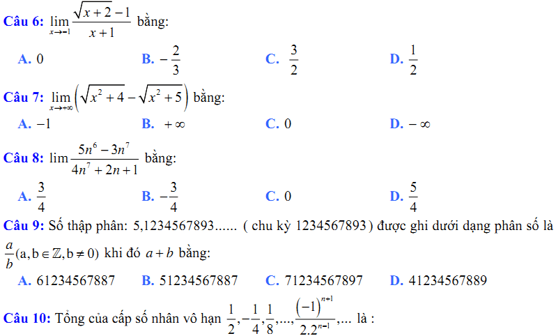 Đề kiểm tra 1 tiết Toán 11 Chương 4 Đại số - Đề 8 I Toploigiai