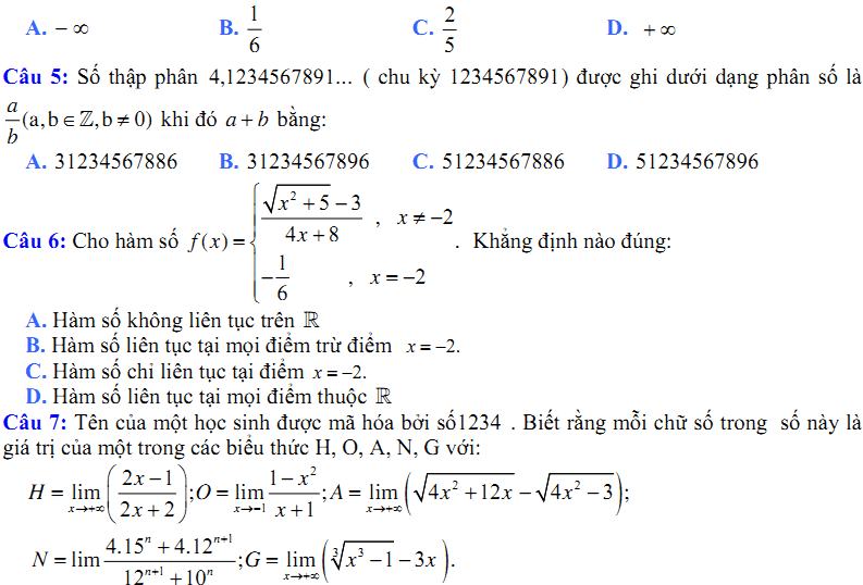 Đề kiểm tra 1 tiết Toán 11 Chương 4 Đại số - Đề 9 I Toploigiai