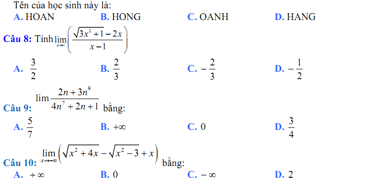 Đề kiểm tra 1 tiết Toán 11 Chương 4 Đại số - Đề 9 I Toploigiai