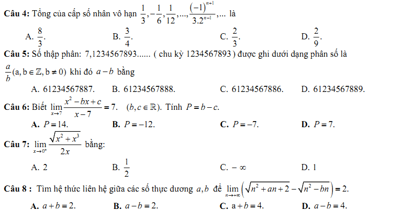 Đề kiểm tra 1 tiết Toán 11 Chương 4 Đại số - Đề 14 I Toploigiai