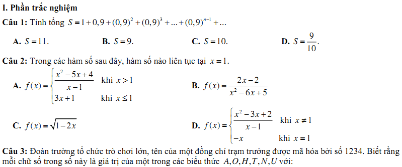 Đề kiểm tra 1 tiết Toán 11 Chương 4 Đại số - Đề 16 I Toploigiai