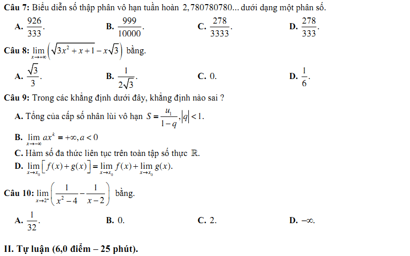 Đề kiểm tra 1 tiết Toán 11 Chương 4 Đại số - Đề 16 I Toploigiai