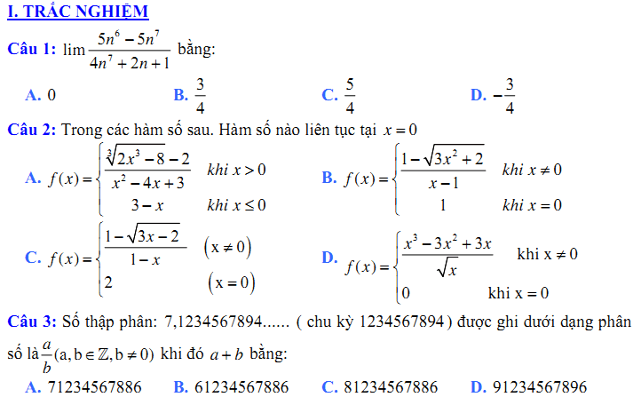 Đề kiểm tra 1 tiết Toán 11 Chương 4 Đại số - Đề 17 I Toploigiai