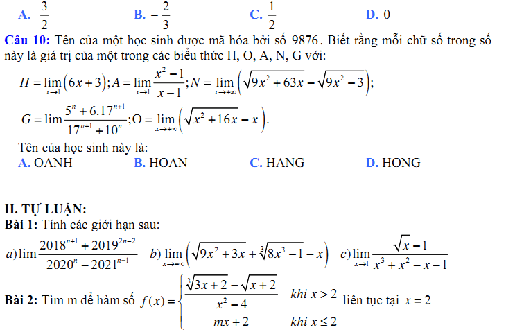 Đề kiểm tra 1 tiết Toán 11 Chương 4 Đại số - Đề 17 I Toploigiai