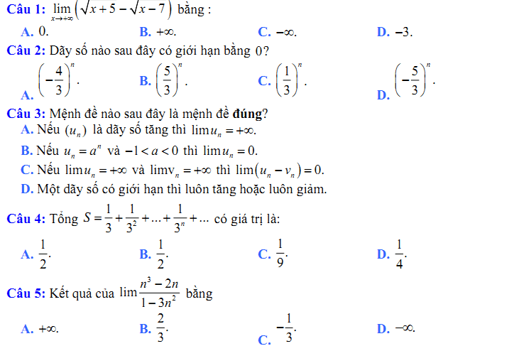 Đề kiểm tra 1 tiết Toán 11 Chương 4 Đại số - Đề 19 I Toploigiai