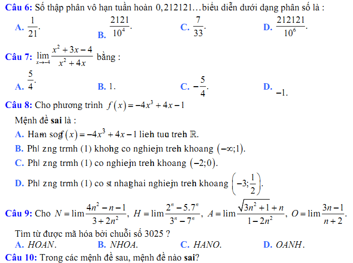 Đề kiểm tra 1 tiết Toán 11 Chương 4 Đại số - Đề 19 I Toploigiai