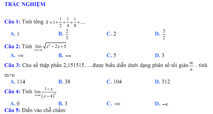 Đề kiểm tra 1 tiết Toán 11 Chương 4 Đại số - Đề 20 I Toploigiai