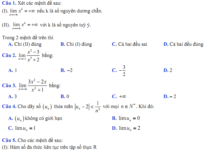 Đề kiểm tra 1 tiết Toán 11 Chương 4 Đại số - Đề 23 I Toploigiai