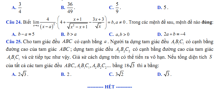 Đề kiểm tra 1 tiết Toán 11 Chương 4 Đại số - Đề 23 I Toploigiai