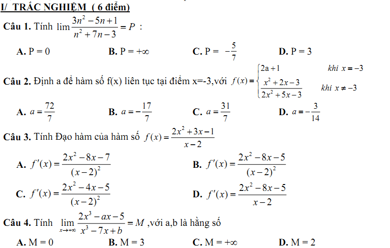 Đề kiểm tra 1 tiết Toán 11 Chương 4 Đại số - Đề 29 I Toploigiai