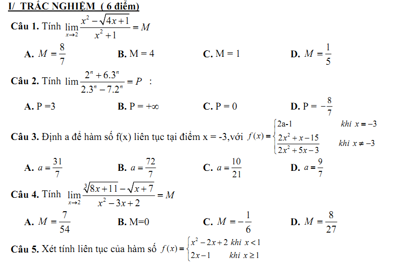 Đề kiểm tra 1 tiết Toán 11 Chương 4 Đại số - Đề 30 I Toploigiai