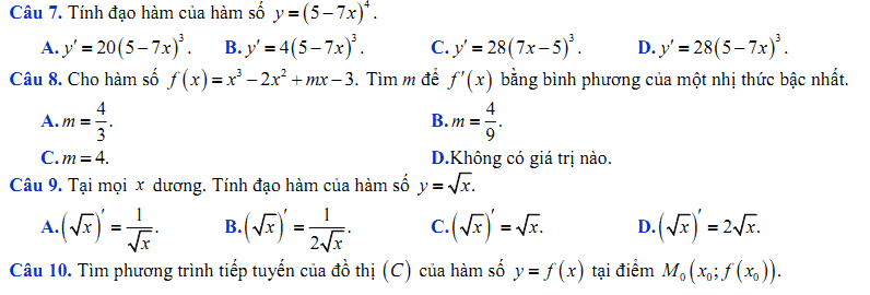 Đề kiểm tra 1 tiết Toán 11 Chương 5 Đại số - Đề 11 I 