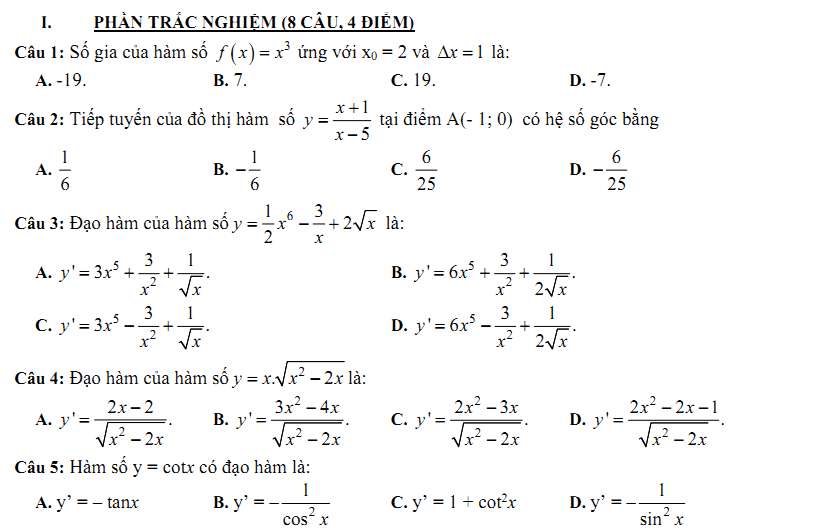 Đề kiểm tra 1 tiết Toán 11 Chương 5 Đại số - Đề 12 I Toploigiai