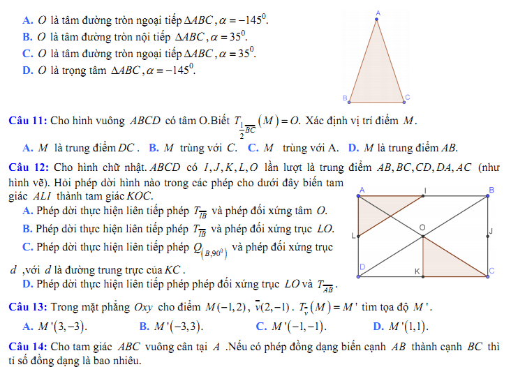 Đề kiểm tra 1 tiết Toán 11 Chương 1 Hình học - Đề 15 I Toploigiai