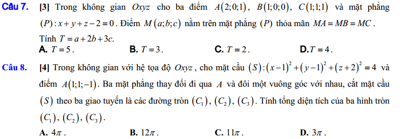 Đề Kiểm tra 1 tiết Toán 12 Chương 3 Hình học - Đề 4 | Top 86 Đề Kiểm tra 1 tiết Toán 12 hay nhất 