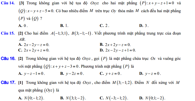 Đề Kiểm tra 1 tiết Toán 12 Chương 3 Hình học - Đề 4 | Top 86 Đề Kiểm tra 1 tiết Toán 12 hay nhất 