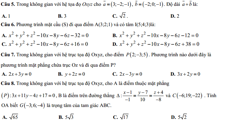 Đề Kiểm tra 1 tiết Toán 12 Chương 3 Hình học - Đề 6 | Top 86 Đề Kiểm tra 1 tiết Toán 12 hay nhất 