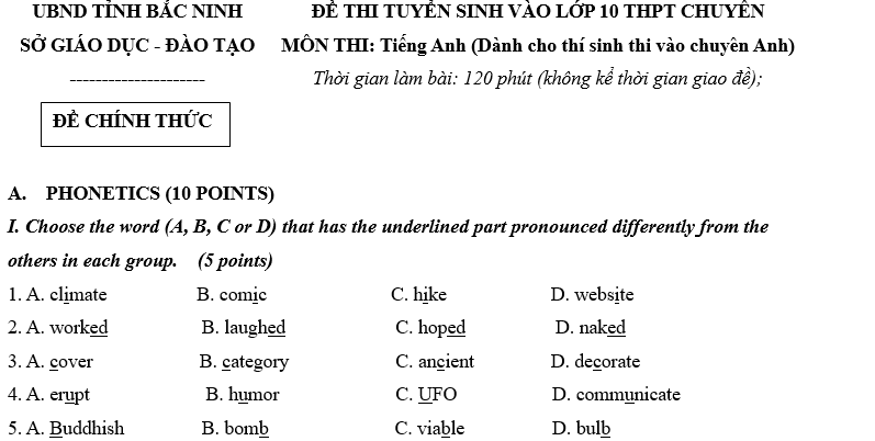 Đề thi tuyển sinh lớp 10 môn Tiếng Anh Sở GDĐT Bắc Ninh (có đáp án)