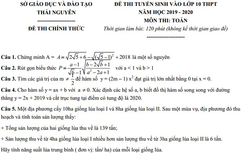 Đề thi tuyển sinh lớp 10 môn Toán Sở GDĐT Thái Nguyên 2019-2020 (có đáp án)
