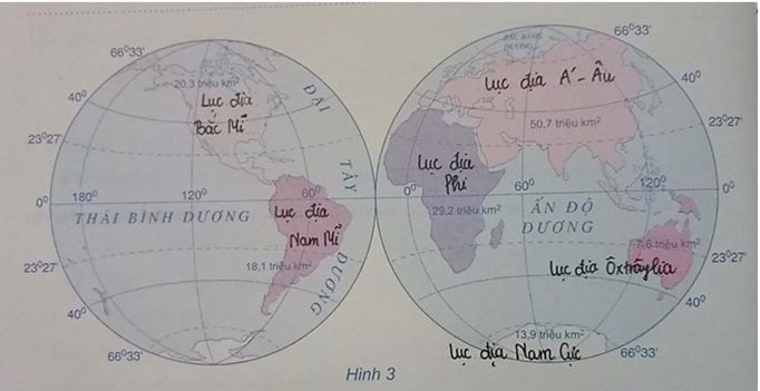 Bài 11: Thực hành: Sự phân bố các lụa địa và đại dương trên bề mặt Trái Đất - Giải Tập bản đồ Địa Lí 6 hay nhất (ảnh 2)