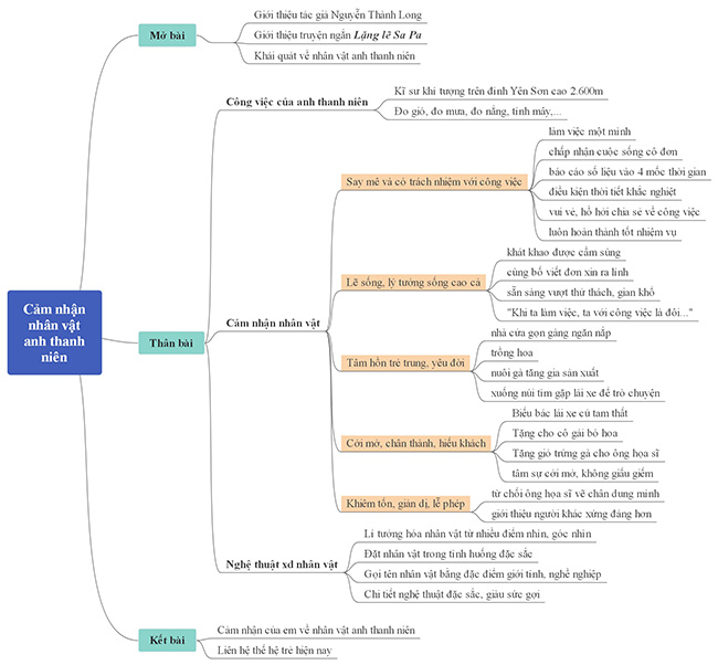 Sơ đồ tư duy cảm nhận về nhân vật anh thanh niên trong Lặng lẽ Sa Pa (ngắn gọn, hay nhất)