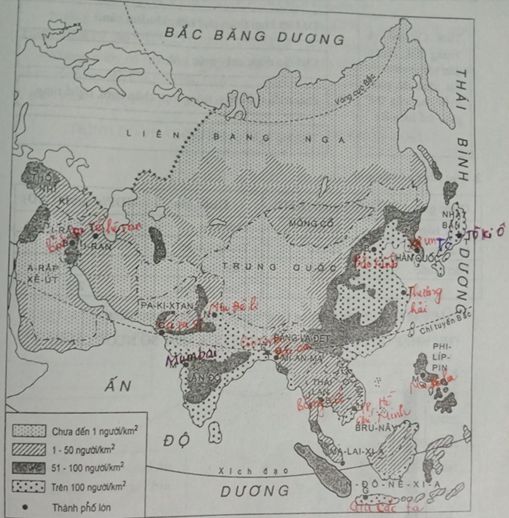 Giải VBT Địa lí 8: Bài 6. Thực hành: Đọc, phân tích lược đồ phân bố dân cư và các thành phố lớn của châu Á (ngắn gọn)
